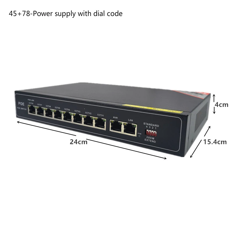 Инжектор POE 48v 10 Порт gigabit Неуправляемый коммутатор poe switch, 8*10/100 Мбит/с POE и разъёмы; 2*10/100/1000 Мбит/с на ссылку и разъёмы; NVR и разъёмы 280 м