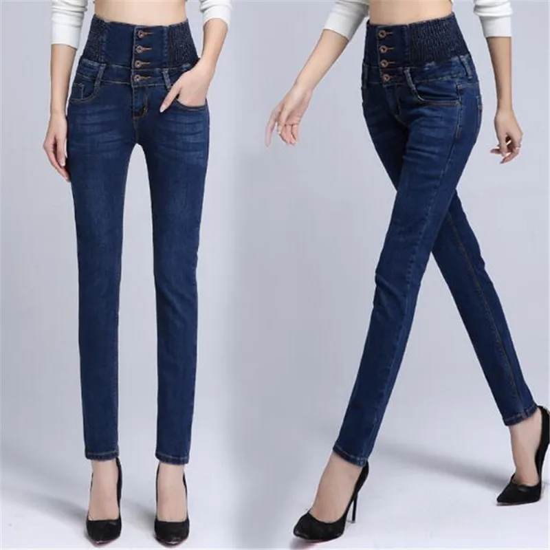Goedkoop WKOUD Winter Fleece Jeans Mujer Vrouwen 4 Knop Warm Denim Potlood Broek Mode Hoge Taille Dikke Broek Streetpants P8552
