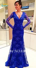 Königsblau Spitze Tiefem V-ausschnitt Abendkleid Long Sleeve Bodenlangen Prom Dresses See Obwohl Zurück Formale Party Abendkleider
