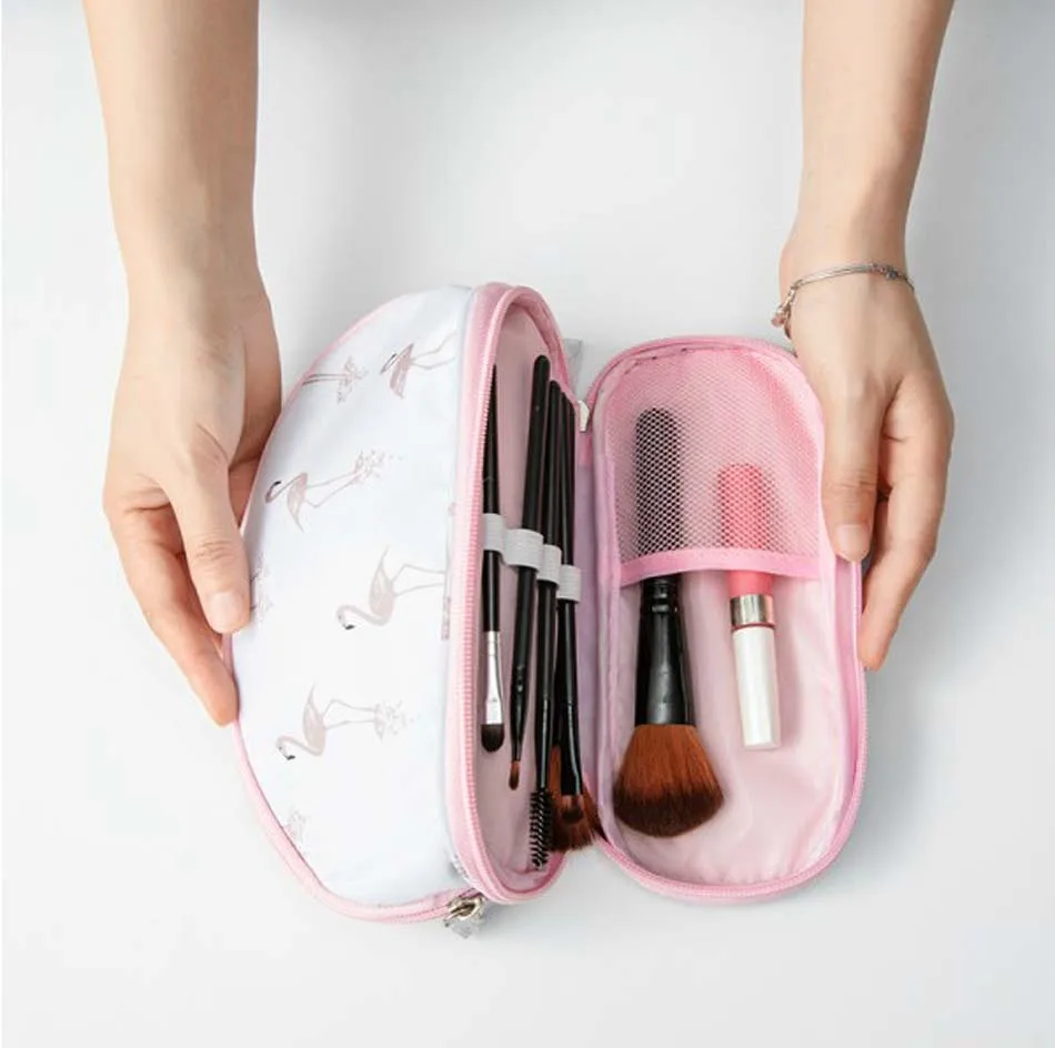 

2019 Portable Flamingo Cactus Cosmetic Bag Double Layer Travel Makeup Pouch Bags Circular Woman Make Up Bag Brush Organizer