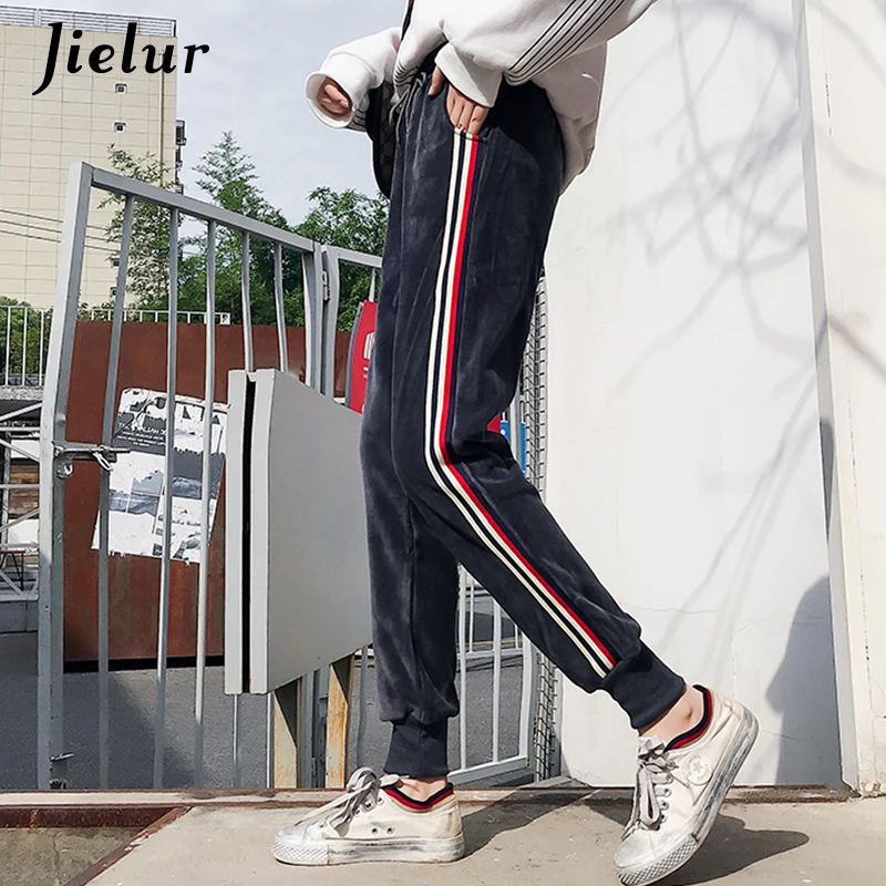Jielur толстые золотые велюровые брюки для женщин зимние новые свободные полосы