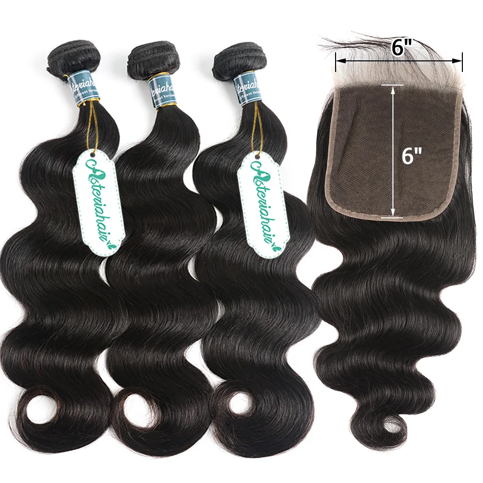 

Body Wave Bundles With Closure 6x6 Brazilian 3 Bundles With Closure Free Part Remy Human Hair Bundles With Closure Asteria Hair