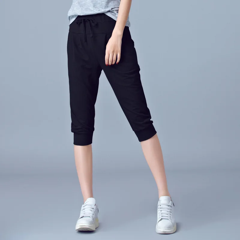 Высокая талия стрейч Для женщин брюки Капри, гарем летние по колено 5XL 6xl размера плюс штаны для Для женщин Свободные Для женщин брюки - Цвет: Black