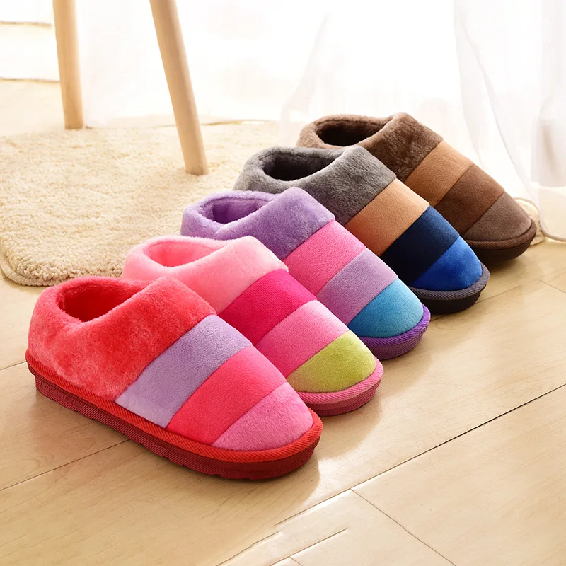 

Striped Thicken Plush Cover Heel Women Men Indoor Slippers Winter Warm Unisex Cotton Shoes No Slip Zapatillas De Invierno