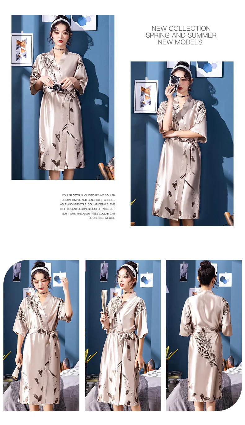 New Pajamas Summer Ladies Large Size Short Sleeve Robe Wholesale Long Silk Printed Sexy Bathrobe