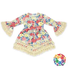 Caliente cordón de la impresión del vestido de la borla de boho estilo babys niños elegante longitud vestido de la playa ocasional flare manga sweet baby princess dress