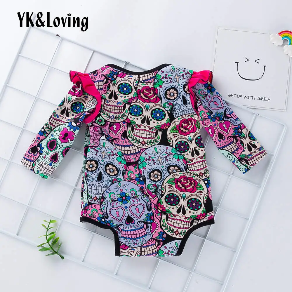 

YK&Loving Halloween Rompers Girl Newborn Baby Clothing Sets With Bow Red Skull Printed O-Neck Long Sleeve Halloween Rompers