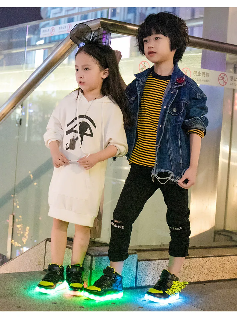 New usb charging glowing sneakers Kids Running led angel's wings kids with lights up luminous shoes girls' boys' shoes leather girl in boots