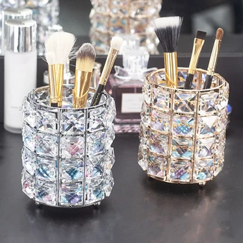 

Crystal Makeup Brush Pot Holder Organizer Iron Round Practical Pen Pencil Cup Stationery Container Storage