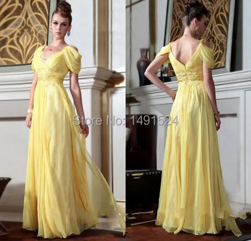 2015 New V Neck A Line Yellow Chiffon Long Prom font b Dresses b font Appliques