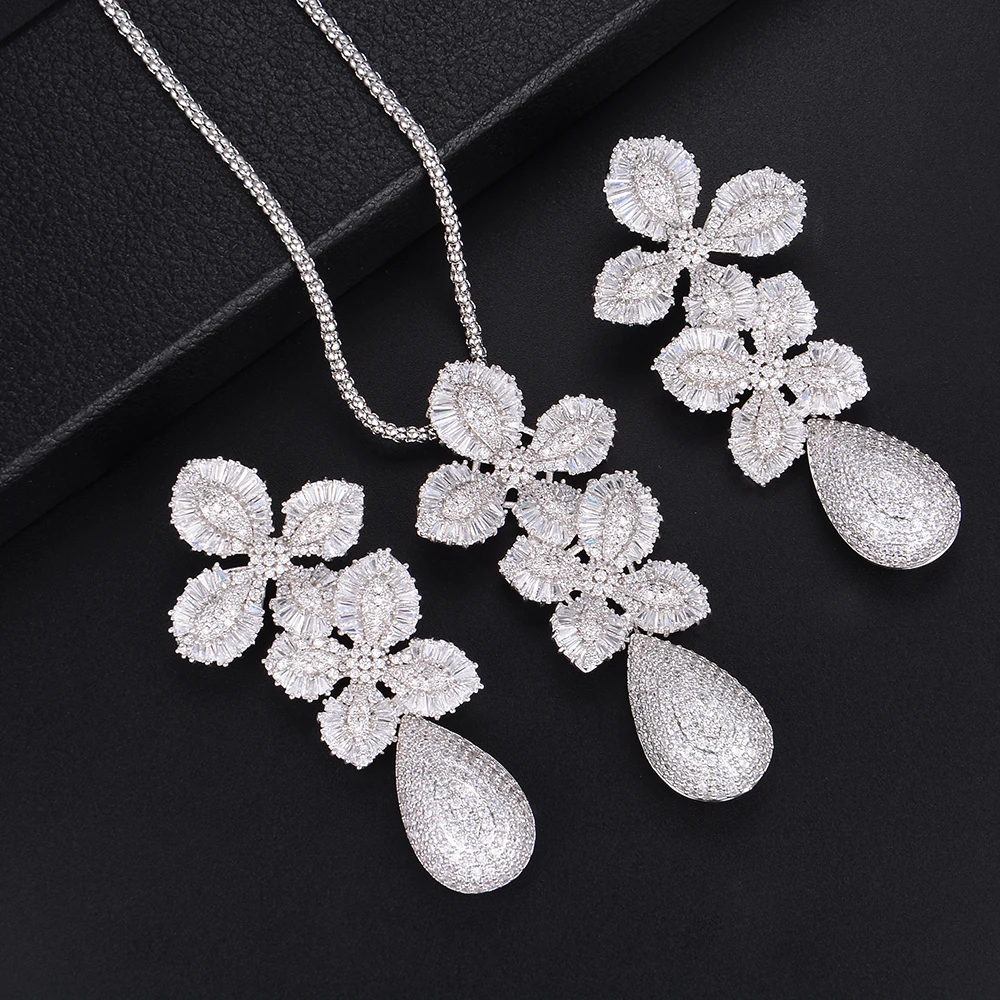 GODKI 69mmLuxury Leaf Flower Water Drop Women Wedding Cubic Zirconia Choker Necklace Earring Dubai Jewelry Set Jewellery Addict
