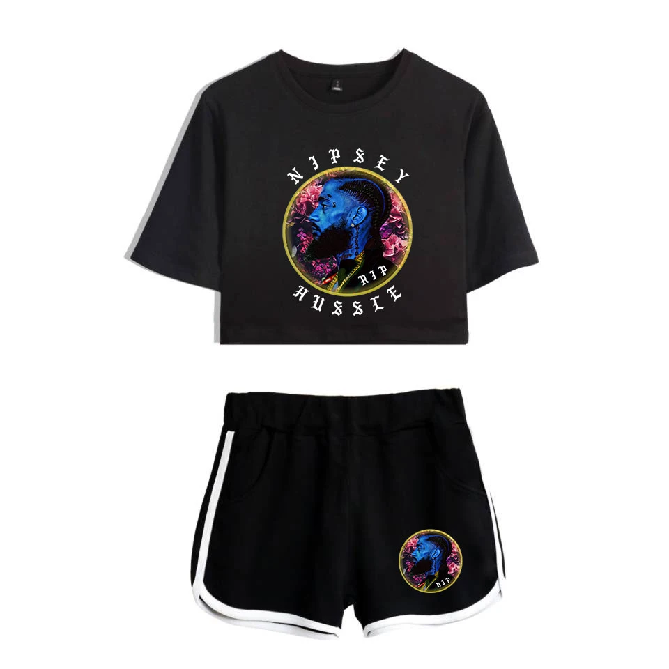 

2019 Nipsey Hussle 2 Piece Set Women Harajuku Streetwear Hip Hop Shorts T-Shirt Two Piece Sets Female Sexy Crop Top and Pants