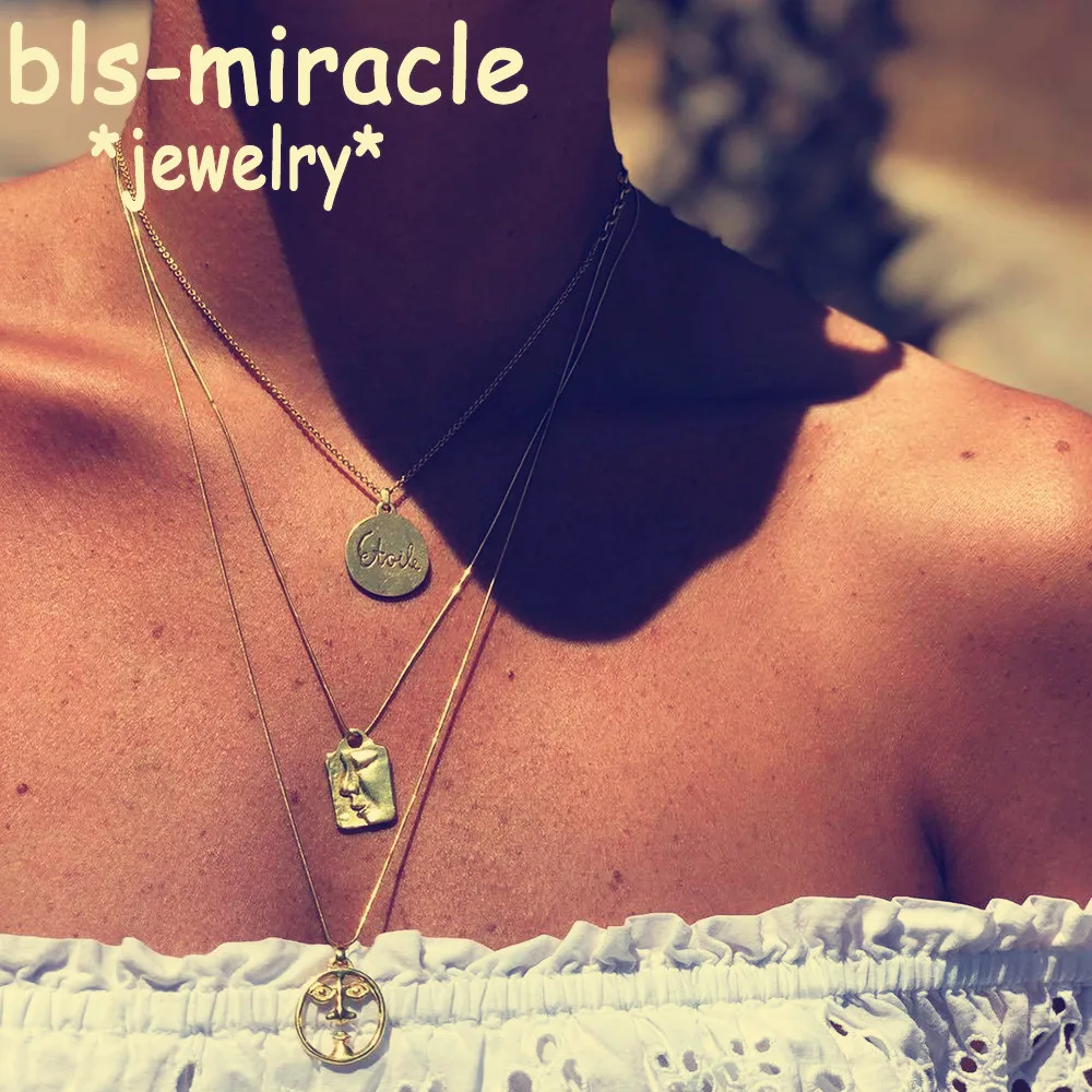 

Bls-miracle Vintage Human Face Pendant Necklaces For Women Girl Boho Long Sequins Engraving Text Necklace Collar Jewelry Gift