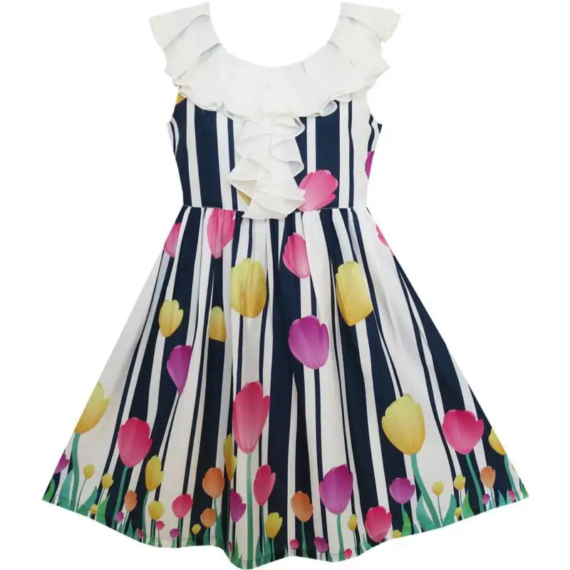 

Sunny Fashion Flower Girl Dress Turn-Down Collar Tulip Striped Chiffon 2018 Summer Princess Wedding Party Dresses Size 7-14