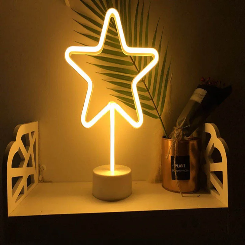 Светодиодный неоновый Ночной светильник в форме ананаса, кактуса, с базой, на батарейках, настольная лампа для детской комнаты, отдыха - Испускаемый цвет: Star