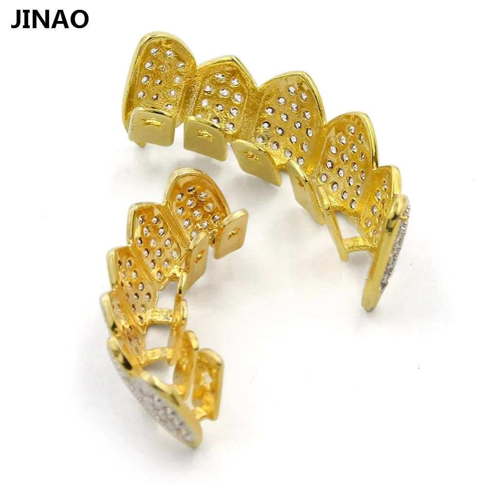 JINAO хип хоп ЗУБЫ Grillz GOLD Цвет & посеребренные Micro Pave CZ Золотой Клык верхней и нижней