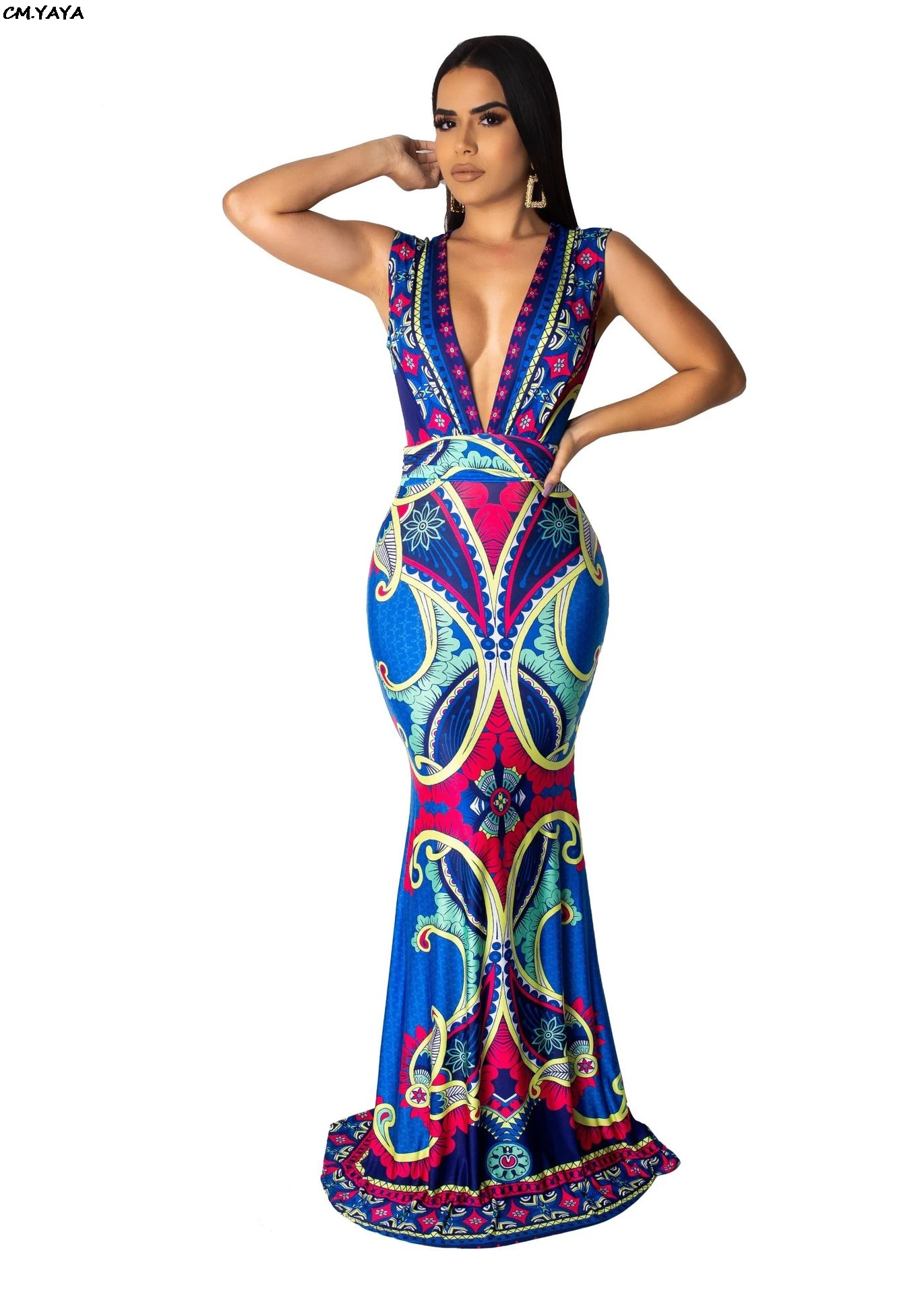 

2019 women summer national bohemain 3d print deep v-neck sleeveless mermaid floor length maxi dress party dresses 2 color 6255