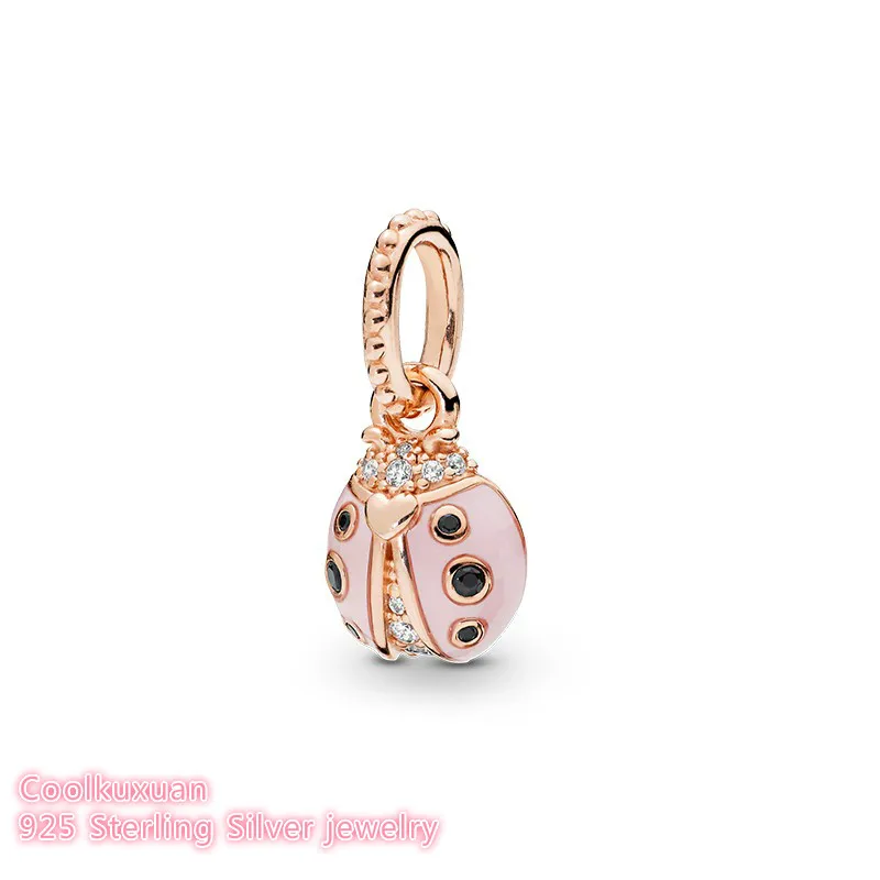 

Spring 100% 925 Sterling Silver Lucky Pink Ladybird Pendant, Rose Gold beads Fits Original Pandora bracelets Jewelry Making