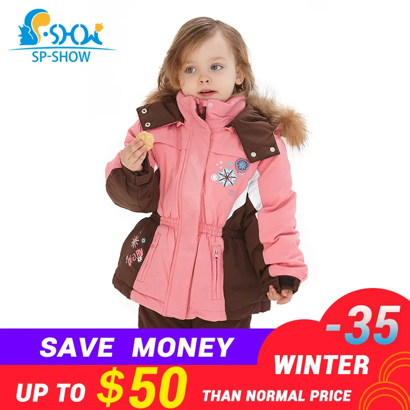 

SP SHOW luxury brand Winter children Girl Clothing sets hooded two-piece suit with high collar zip 3--7 Age Down & Parkas 0206