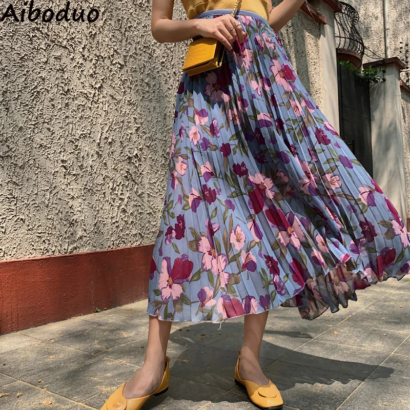 

Purple High Fashion Bohemian Long Chiffon Skirt Summer New Floral Print PLeated Skirt Women Female Casual Big Sewing Bottoms