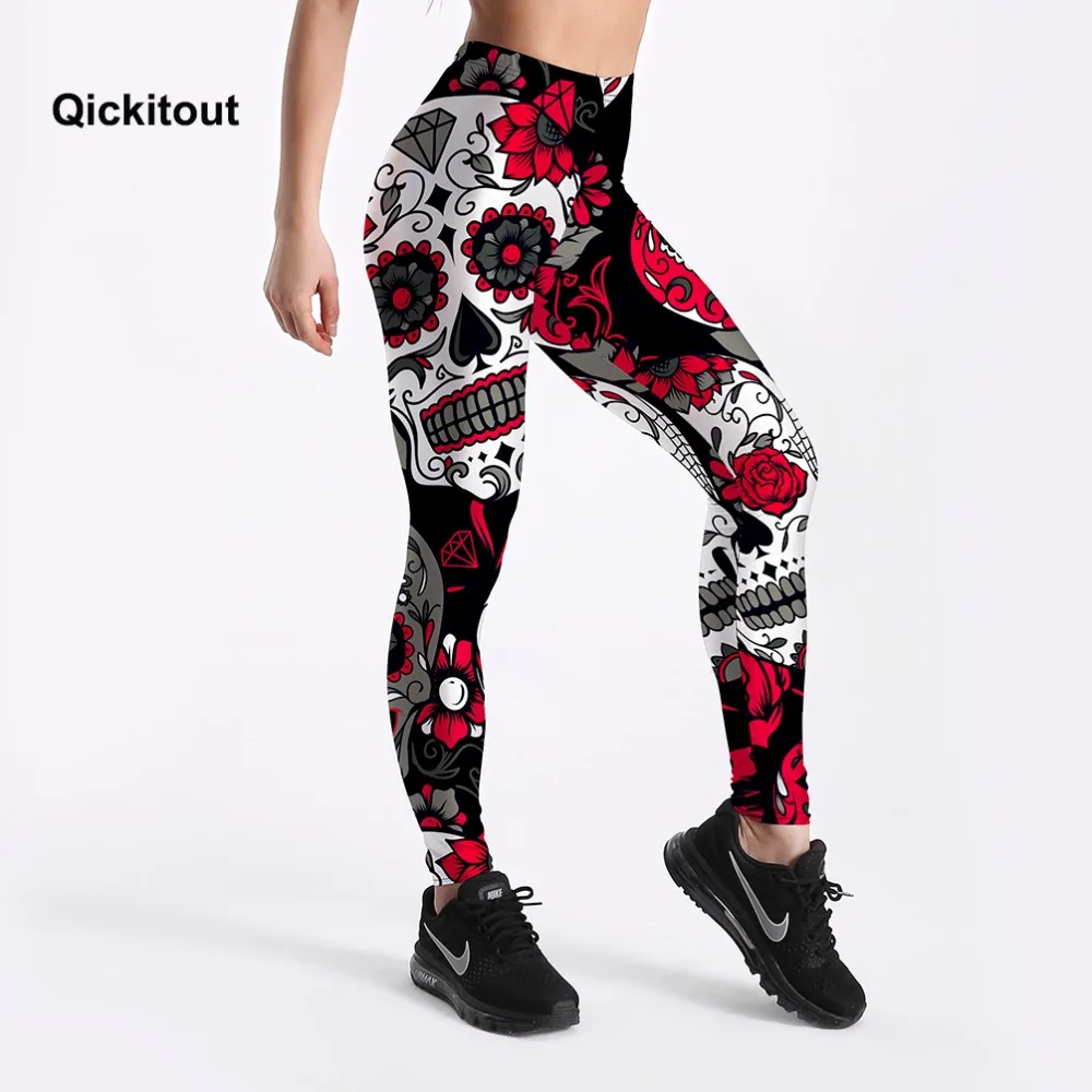 Qickitout леггинсы женские черные леггинсы с черепами и цветами штаны с цифровой печатью брюки стрейч брюки плюс размер
