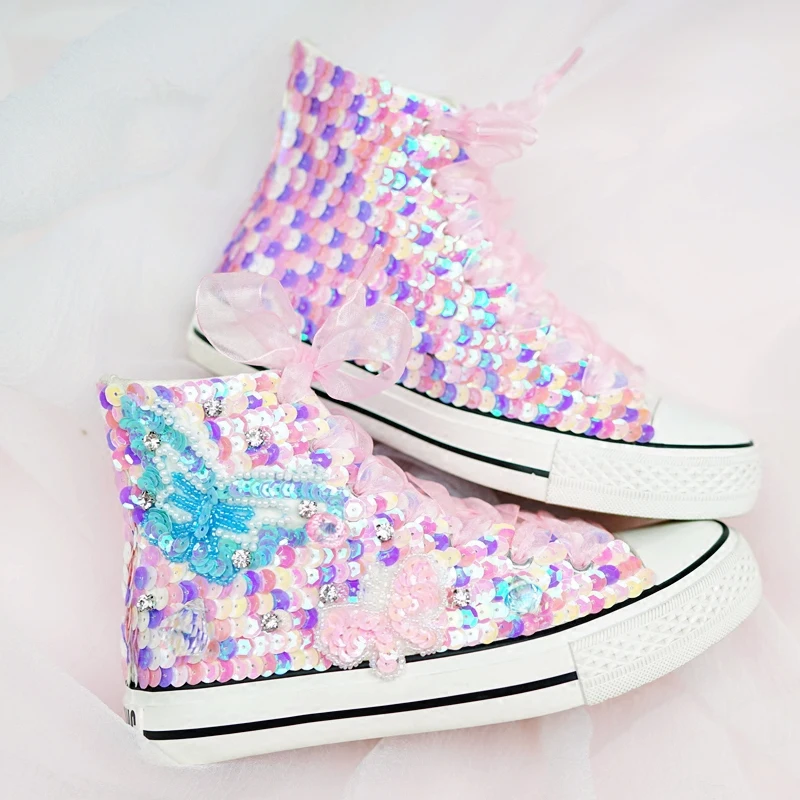 

European Style 2017 Luxury Handmade Sequined High Tops Women Canvas Shoes Bling Rhinestones Female Casual Flat Shoes