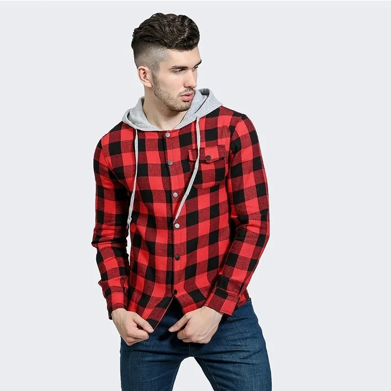 

ZOGAA Men Plaid Casual Shirts Long Sleeve Hooded Slim Shirts Cotton Fit Style Brand Man Clothes Plus Size Autumn Warm Plaid Tops