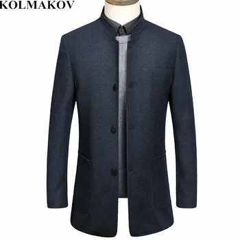 

KOLMAKOV New 2019 Men's Clothing Spring Smart Casual Woolen Coats Homme Mens Mandarin Collar Outwear High Quality Men Overcoats