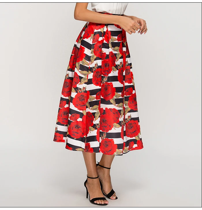 S. FLAVOR Модные полосатые юбки с принтом розы для женщин весенние юбки до середины икры с высокой талией элегантные юбки в уличном стиле
