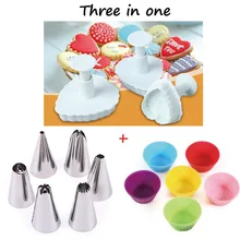 Три в одном силиконовый Обледенение трубопровода Крем кондитерский мешок+ коннектор-трансформер+ 6 сопла из нержавеющей стали+ 3 помадки формы+ формочка для выпечки кексов