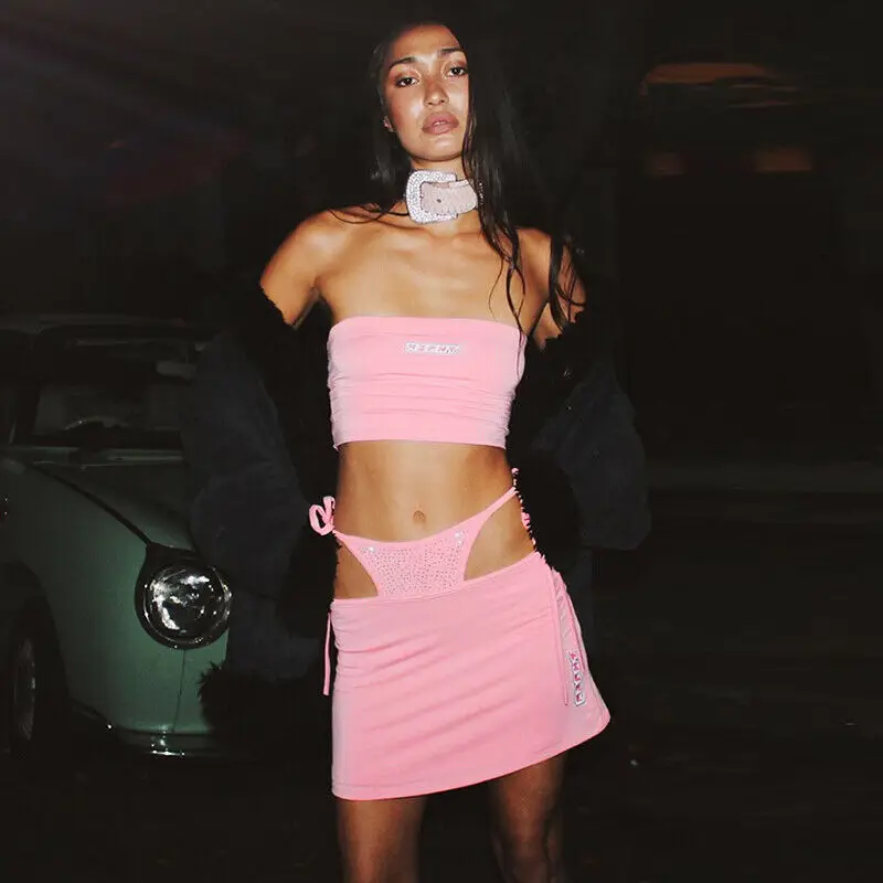 

2pcs Sequins Glitter Sexy Hip Hop Women G-String Skirts Plush Strapless Crop Top Bodycon Mini Skirt Outfit Set Party Clubwear