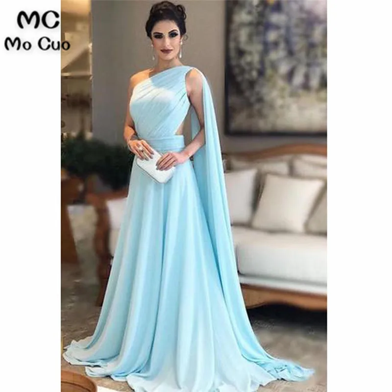 

2019 Elegant One Shoulder Evening dresses Long Chiffon Pleat Sleeveless dress for graduation Women's Formal Evening Dress