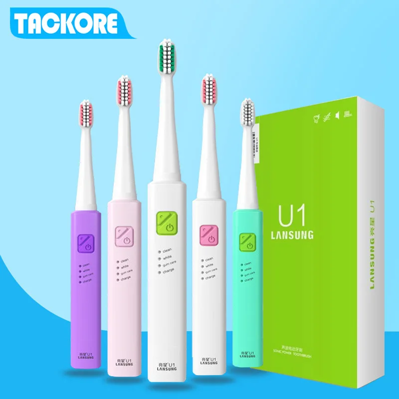 

U1 Ultrasonic Electric Toothbrush 4 Replacement Heads USB Rechargeable Sonic Toothbrush 2 Minute Timer Colourful