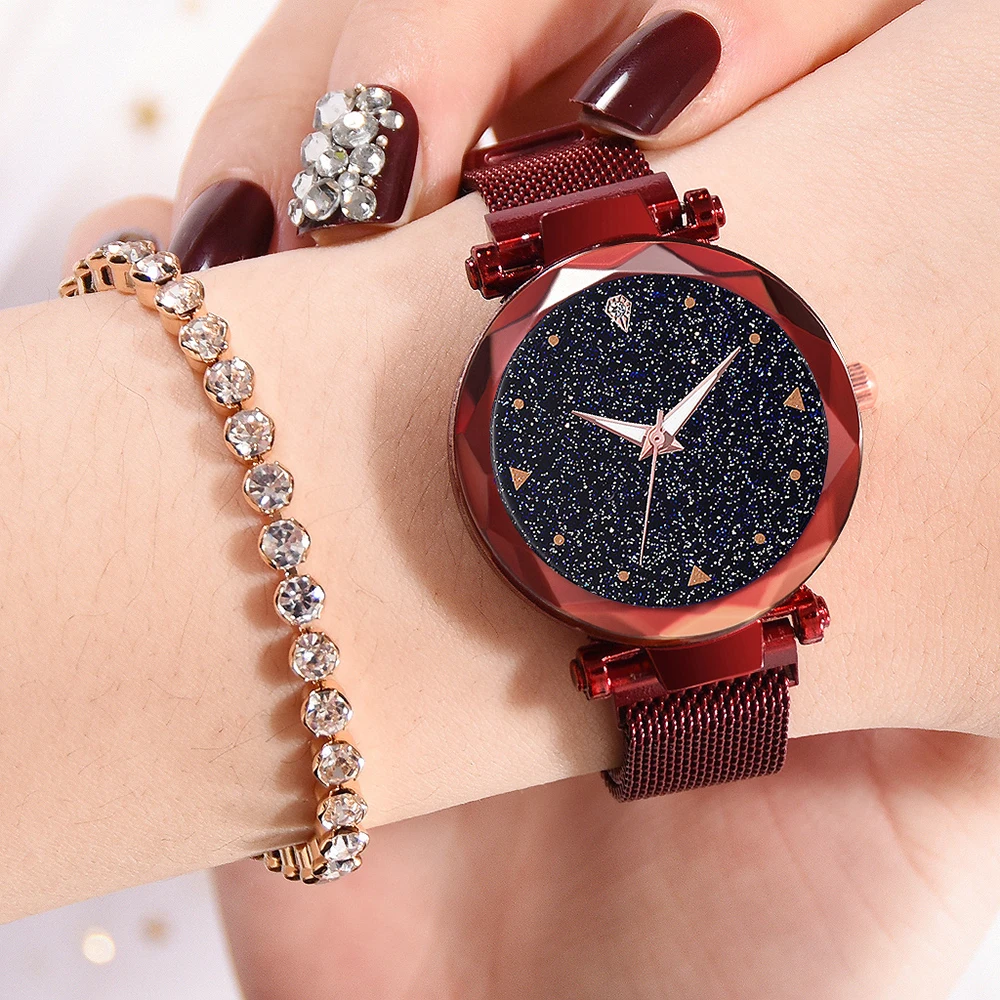 

Romantic Starry Sky Red Watch Women Business Galaxy Quartz Watch Magnet Clasp Luxury Wrist Watch Space Metal Strap Bracelet 2019
