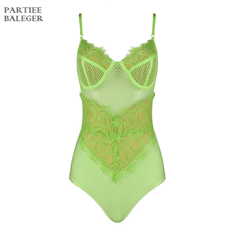 Summer Hot New Arrival Swimsuit Sexy Spaghetti Strap V Neck Lace Fish Net Patchwork Bandage Slip Swimsuit Bodysuit