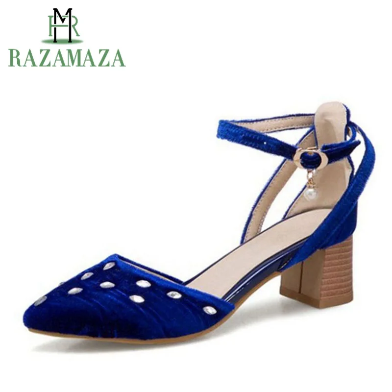 

RAZAMAZA Plus Size 31-50 Sexy Women High Heel Sandals Fashion Crystal Buckle Pointed Toe Shoes Women Catwalk Show Dance Shoes