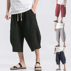 Хлопок белье Для мужчин; штаны-шаровары с эластичной резинкой на талии кулиска до середины икры Длина свободные брюки-багги Повседневное