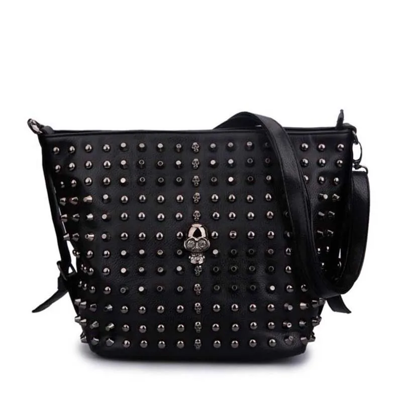 

2017 Skull Designer Rivet Bag Sac A Mian High Quality Shoulder Crossbody Bags For Women Famous Brand Bucket Bag Black Pochette