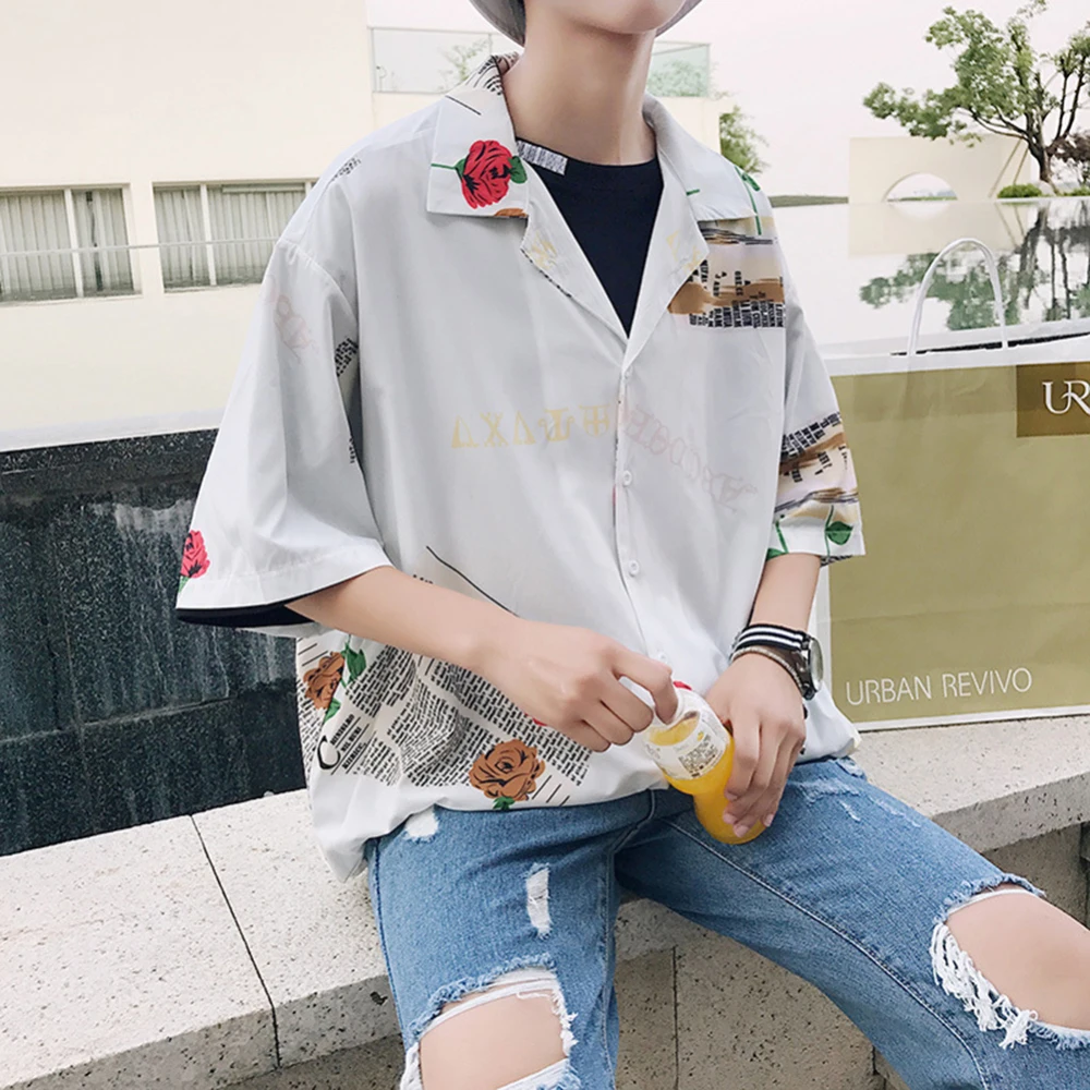 

Summer Men's Loose Shirt White M five-point sleeve rose print shirt men's summer men's short-sleeved shirt Korean version retail