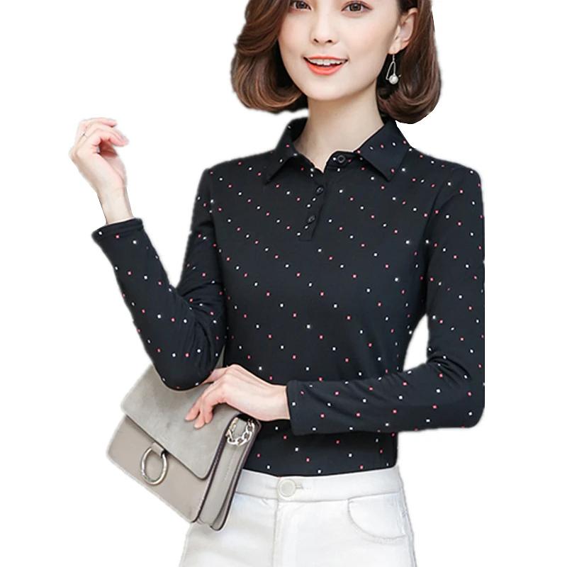 

3XL Fashion Printed Point Cotton T-shirt 2019 New Summer Womens Shirt Long Sleeve Solid 5 Color Office Casual Tops Female Blusas