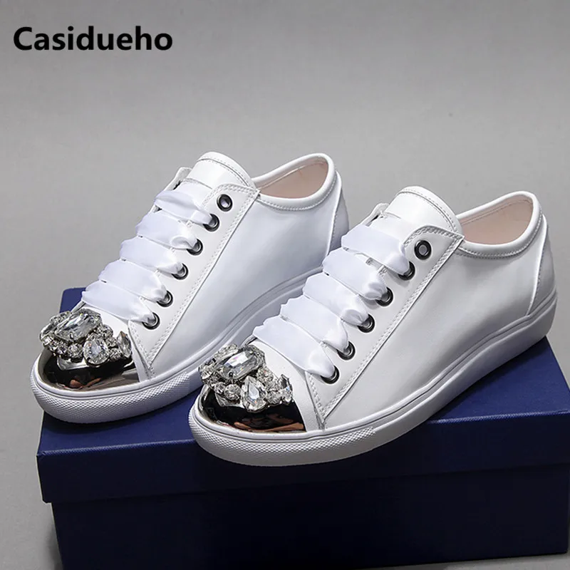 Rhinestone Shoes Woman Metal Toe Flats Lace Up Lace Up Soft Leather Sneakers Tenis Feminino Low Top Zapatos Mujer Oxfords 2018