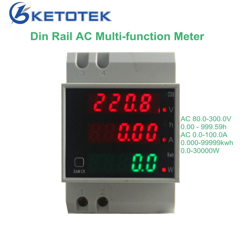 Цифровой амперметр KetoteK на din-рейку 0-100.0A, вольтметр переменного тока 80-300 В, светодиодный дисплей, ампер вольт, измеритель энергии, активный ватт-метр