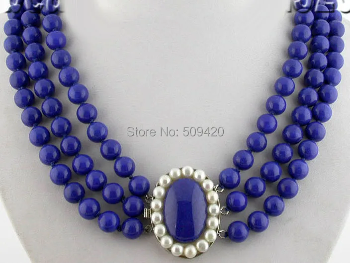 

W&O655 >>3row 10mm nature blue lapis lazuli necklace pearl clasp