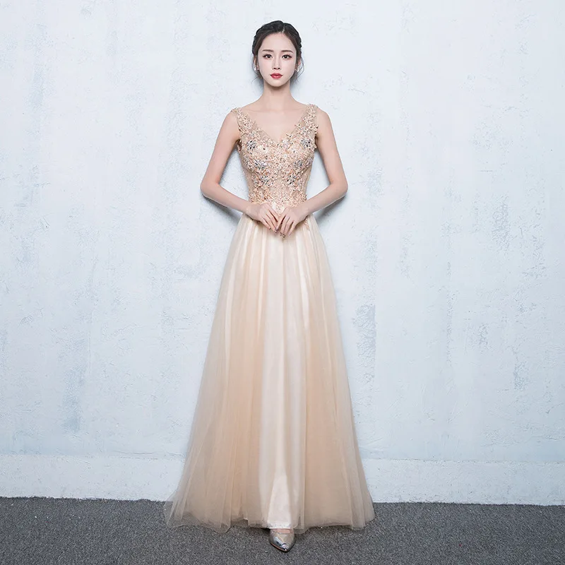 

Sexy V Neck Sleeveless Long Golden Evening Dresses 2019 Floor-length Evening Occasion Party Prom Dresses vestido de noite