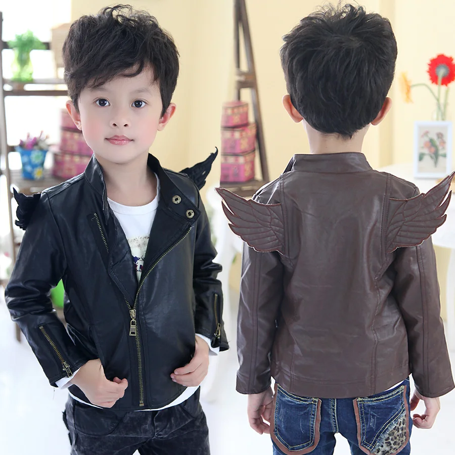 

2017 spring&autumn wings ornament boys PU jacket kids clothing child faux leather outerwear for 100-140 cm height