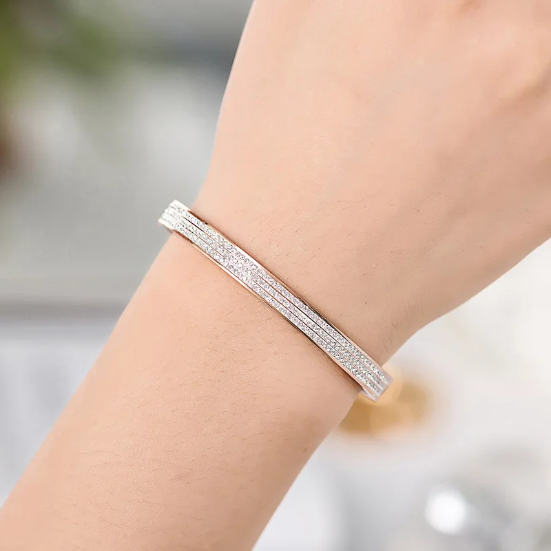 

11.11 Sale Stainless Steel Bangles Bracelet For Women Girl Gold Rose Gold Silver Color Austria Crystal Three Lines Pave Jewelery