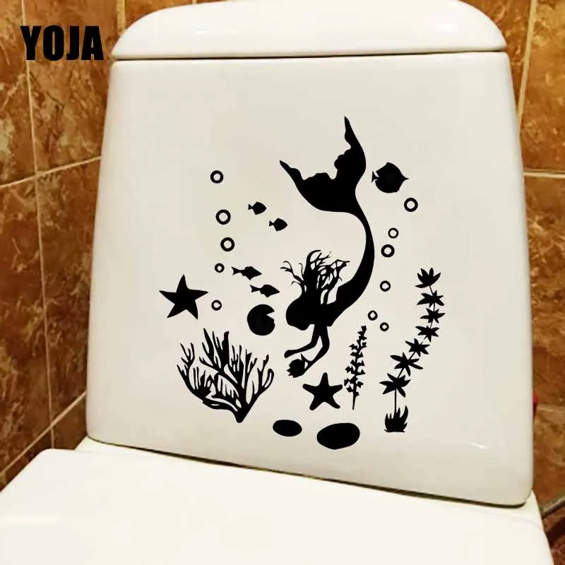 YOJA 20.3X23.5CM Русалка Наклейка на стену рыба Ванная комната морские водоросли Туалет