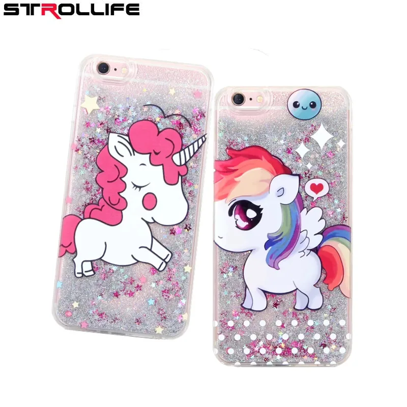 

STROLLIFE Cute Rainbow Unicorn Dynamic Quicksand Glitter Phone Cases For iphone 7 7Plus 6 6s Plus Colorful Back cover Capa Coque