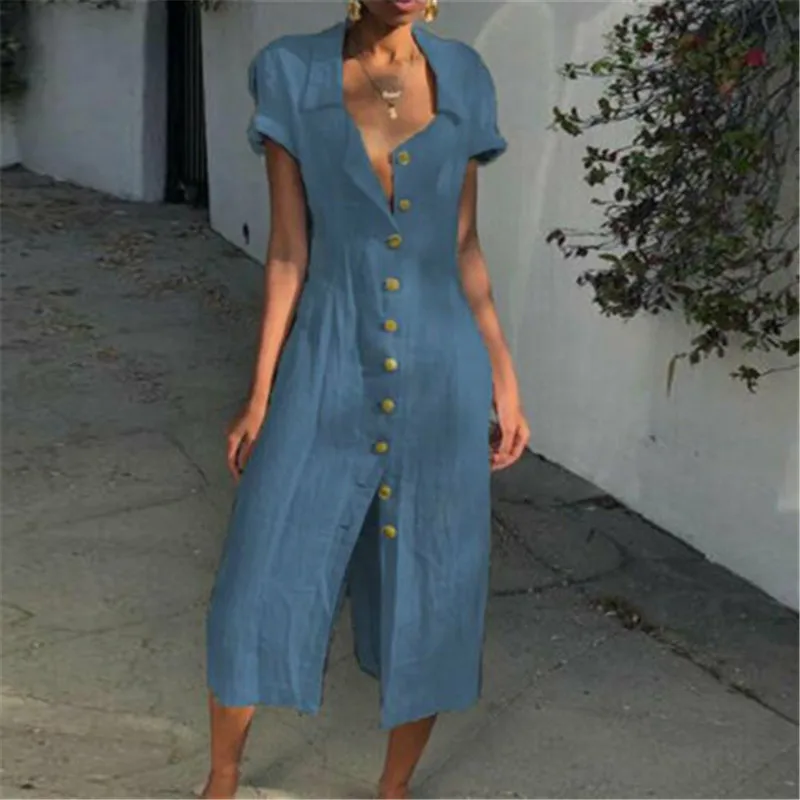 

Fashion Casual Ladies Lapel Plain Summer Dress Solid Color Buckle Short-sleeved Dress Casual Beach Wind Loose Waist Dress