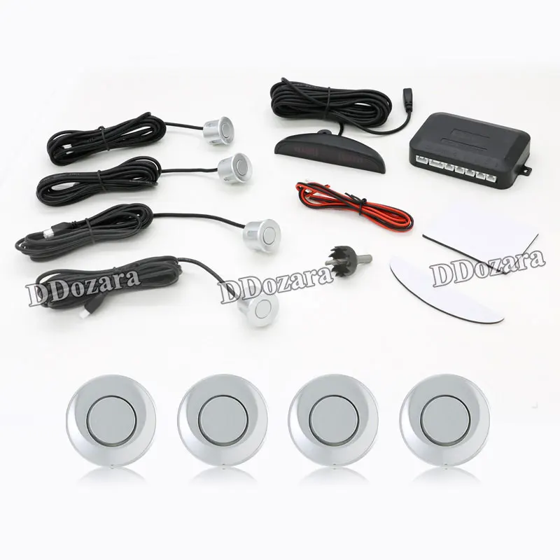 Car Parking Sensors Parktronics 4 Black/Silver/White 22mm Flat Sensors Reverse Backup Radar Sound Buzzer Alarm Adjustable Sound